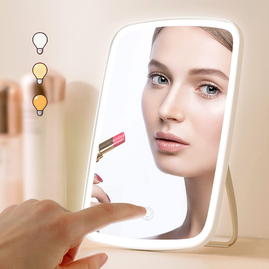 Touch Screen LED Makeup Mirror | Adjustable Brightness, 3 Color Lighting & Rechargeable Design