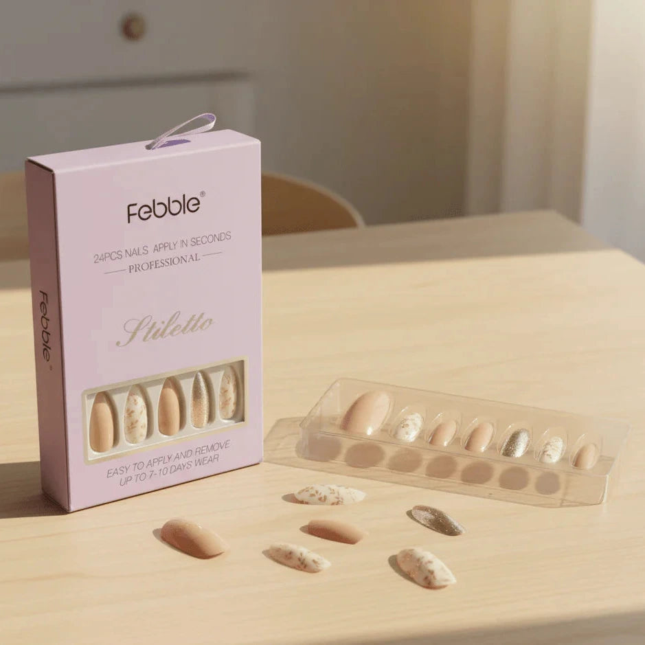 Febble Nude Floral Gold Mix Press-On Nails