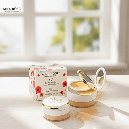 Miss Rose 3D Pearl Whitening Compact & Loose Powder – Dual-Purpose Oil-Control, Brightening & Smooth Matte Finish Powder for Flawless Skin (45g, Ivory Shade)